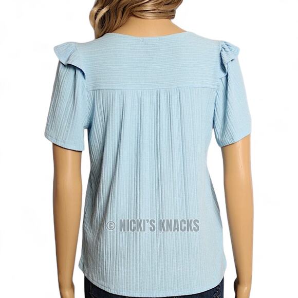 W5 Light Blue Ribbed V-Neck Tee Ruffle Sleeve Coastal Soft Knit Stretch Size M - Picture 4 of 8